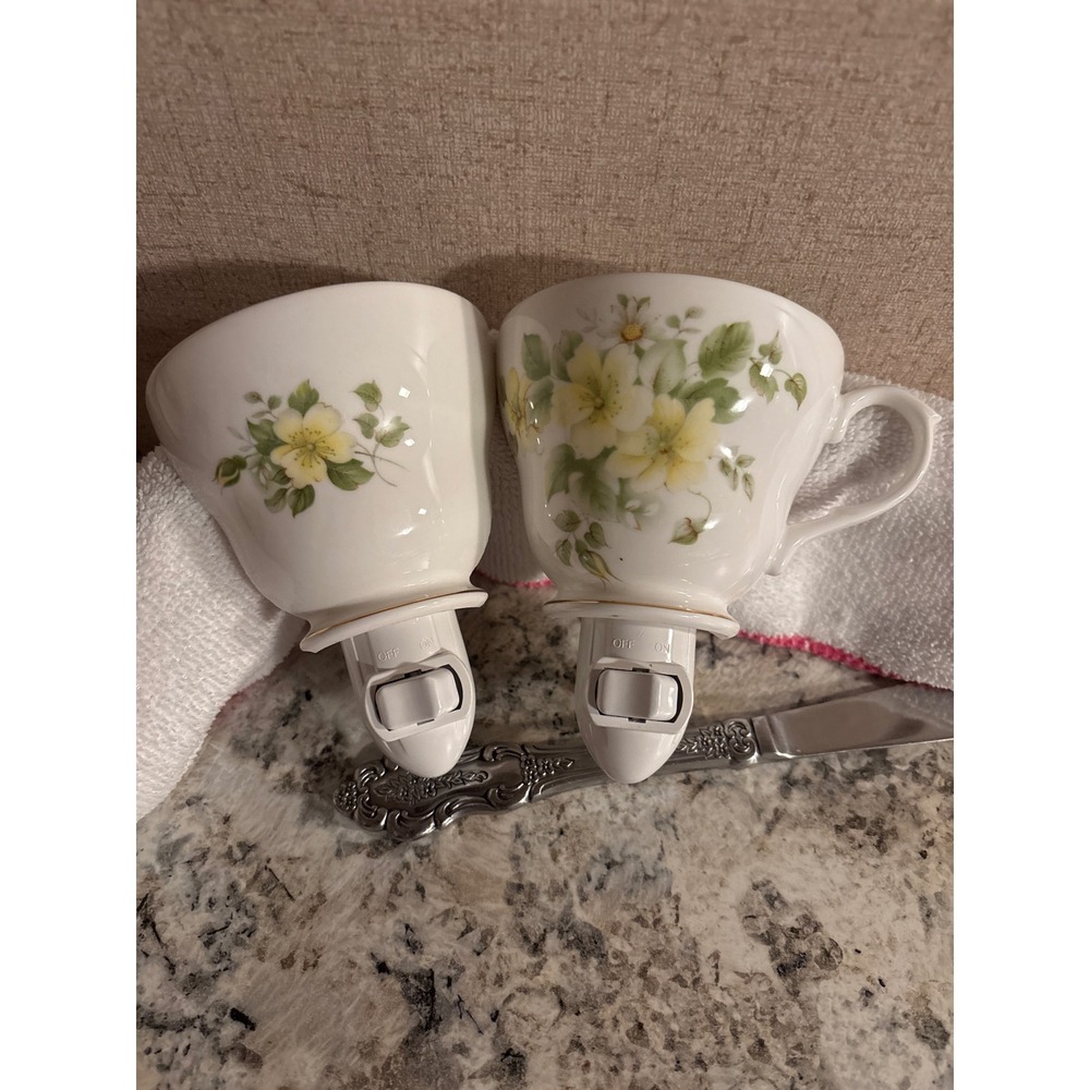 Vintage Floral Teacup Night Light Set Yellow Flowers Porcelain Plug In 2pc